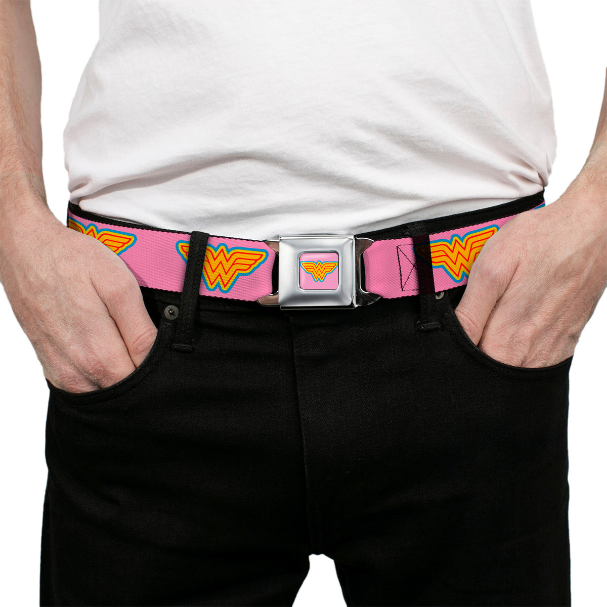 Wonder Woman Logo Full Color Pink Blue Yellow Pink Seatbelt Belt - Wonder Woman Logo Pink/Blue/Yellow/Pink Webbing Seatbelt Belts DC Comics