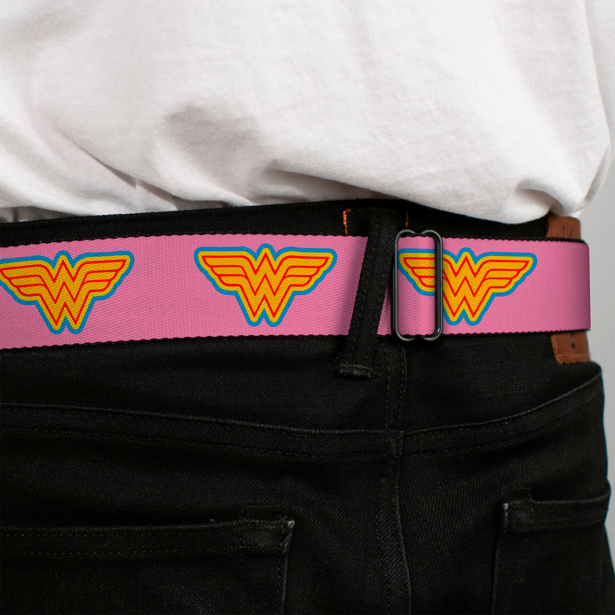 Wonder Woman Logo Full Color Pink Blue Yellow Pink Seatbelt Belt - Wonder Woman Logo Pink/Blue/Yellow/Pink Webbing Seatbelt Belts DC Comics