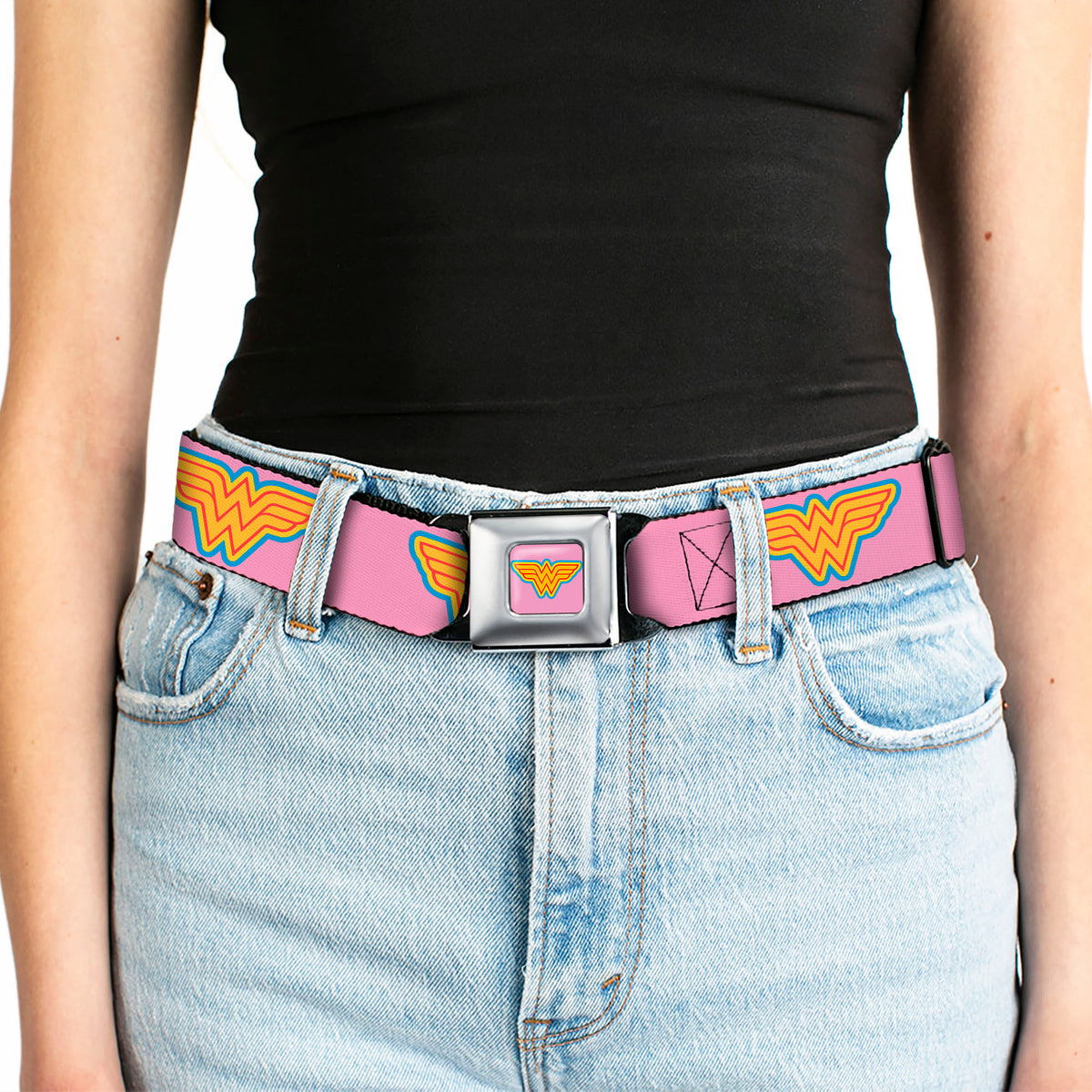 Wonder Woman Logo Full Color Pink Blue Yellow Pink Seatbelt Belt - Wonder Woman Logo Pink/Blue/Yellow/Pink Webbing Seatbelt Belts DC Comics