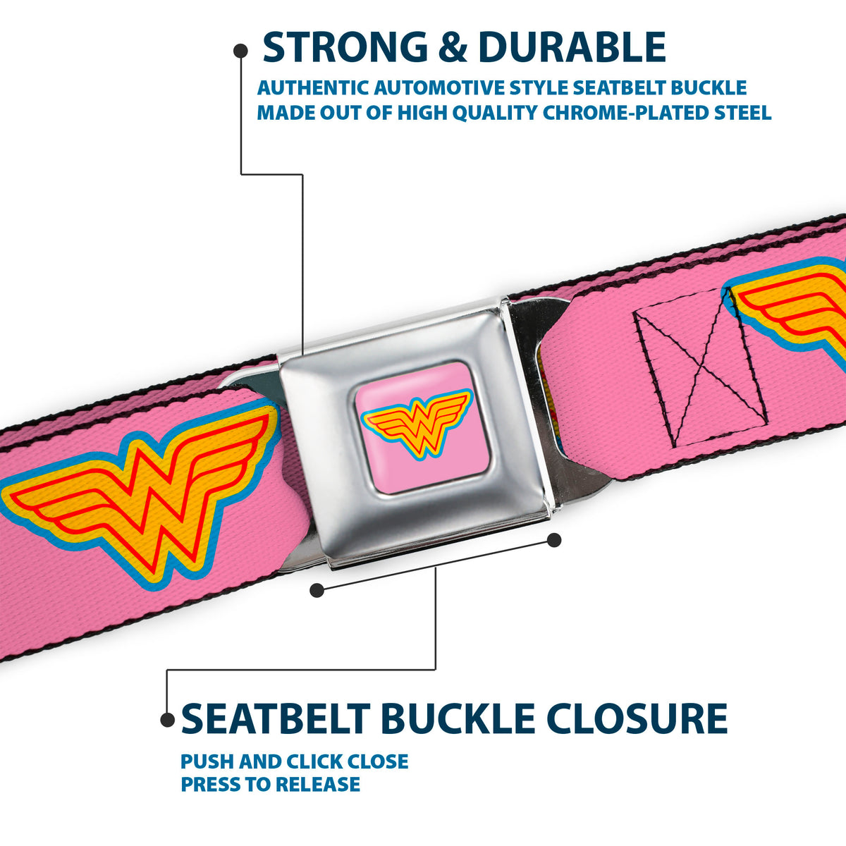Wonder Woman Logo Full Color Pink Blue Yellow Pink Seatbelt Belt - Wonder Woman Logo Pink/Blue/Yellow/Pink Webbing Seatbelt Belts DC Comics