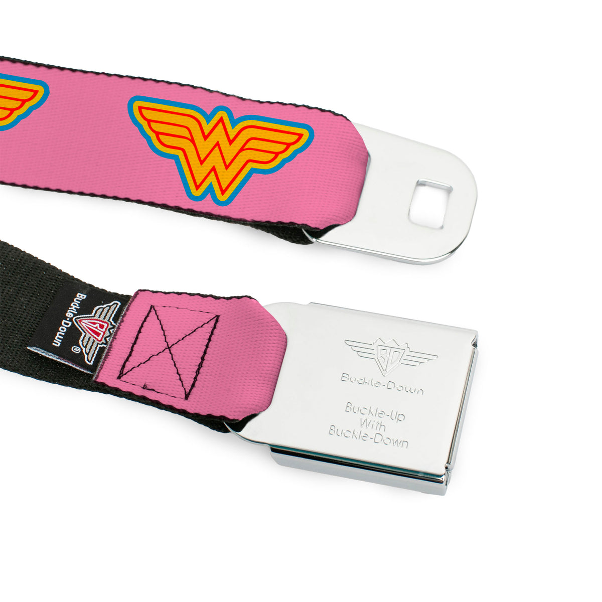 Wonder Woman Logo Full Color Pink Blue Yellow Pink Seatbelt Belt - Wonder Woman Logo Pink/Blue/Yellow/Pink Webbing Seatbelt Belts DC Comics