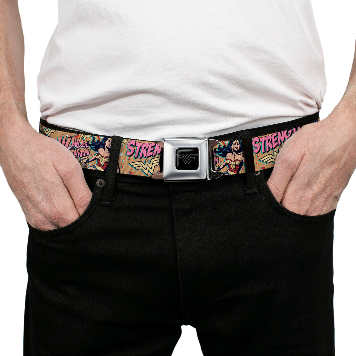 Wonder Woman Black Silver Seatbelt Belt - Wonder Woman Strength & Power Webbing Seatbelt Belts DC Comics