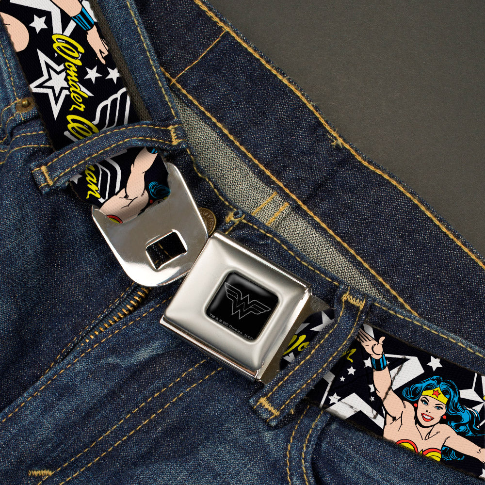 Wonder Woman Black Silver Seatbelt Belt - Wonder Woman/StarsÂ Black/White Webbing Seatbelt Belts DC Comics