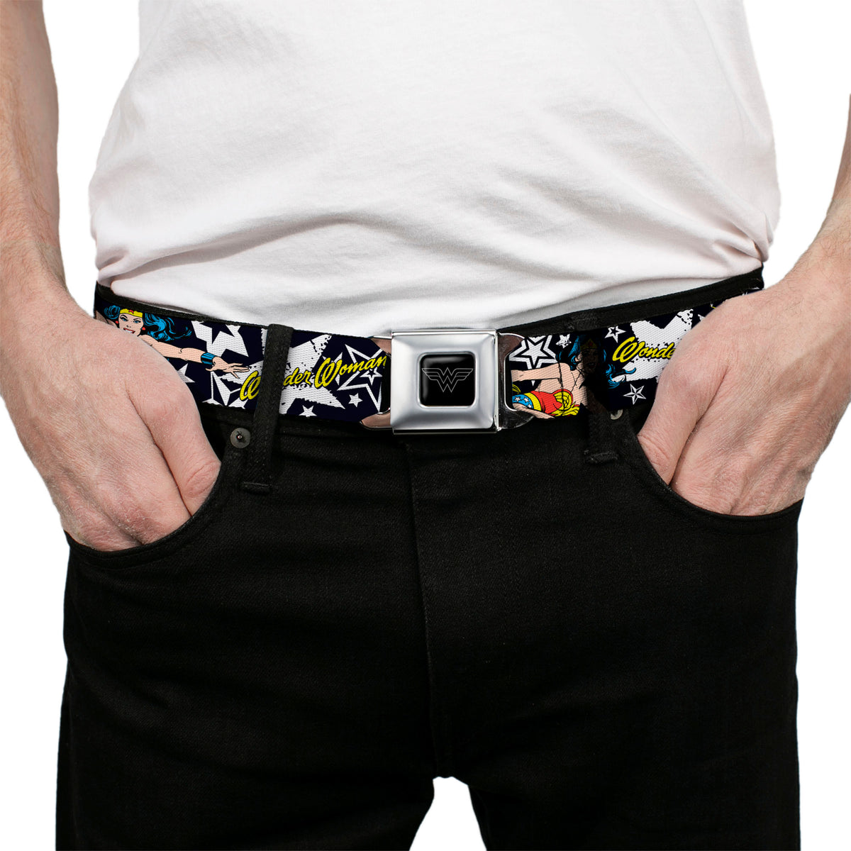 Wonder Woman Black Silver Seatbelt Belt - Wonder Woman/StarsÂ Black/White Webbing Seatbelt Belts DC Comics