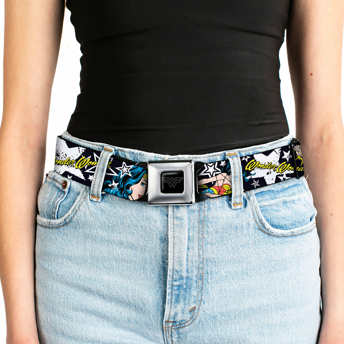 Wonder Woman Black Silver Seatbelt Belt - Wonder Woman/StarsÂ Black/White Webbing Seatbelt Belts DC Comics