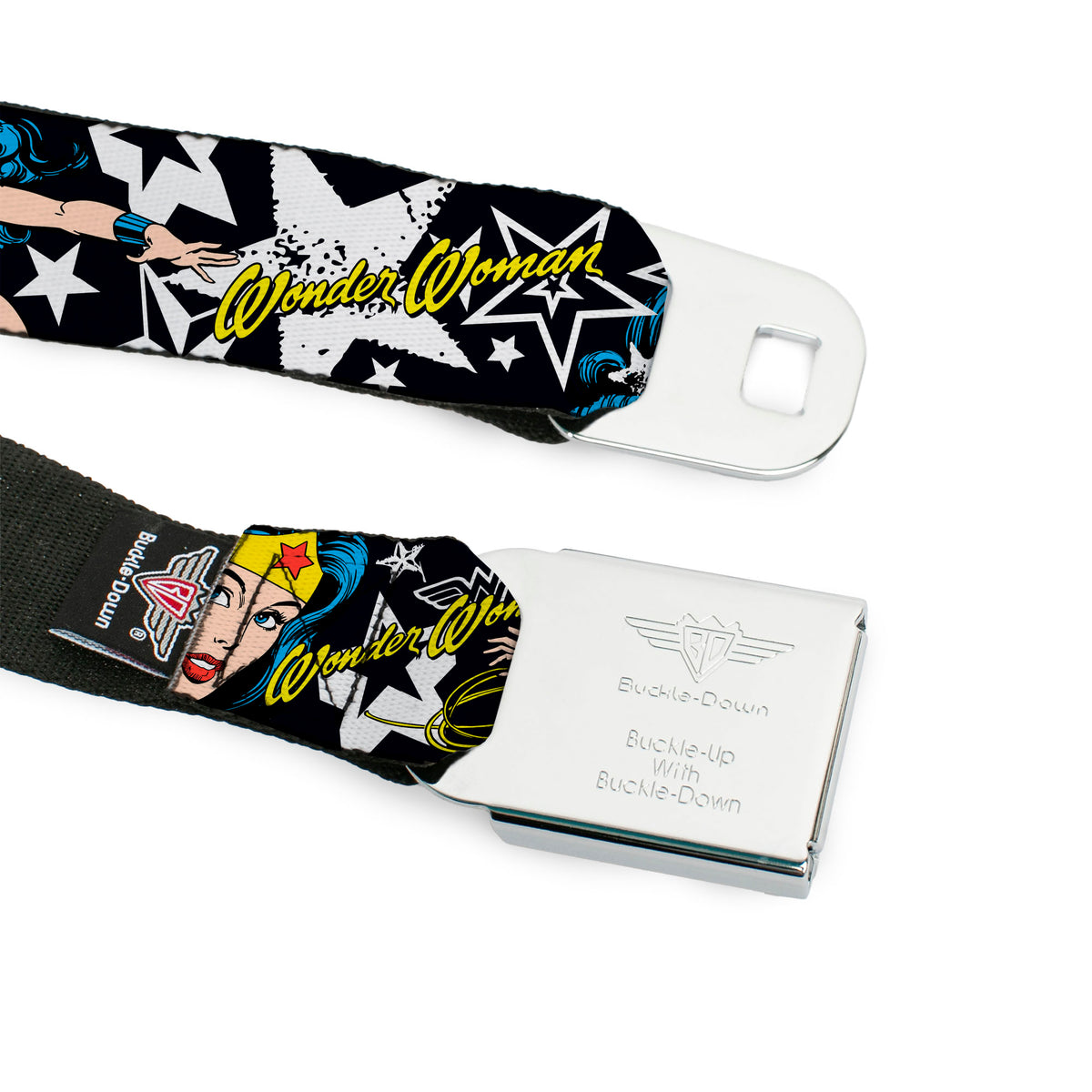 Wonder Woman Black Silver Seatbelt Belt - Wonder Woman/StarsÂ Black/White Webbing Seatbelt Belts DC Comics