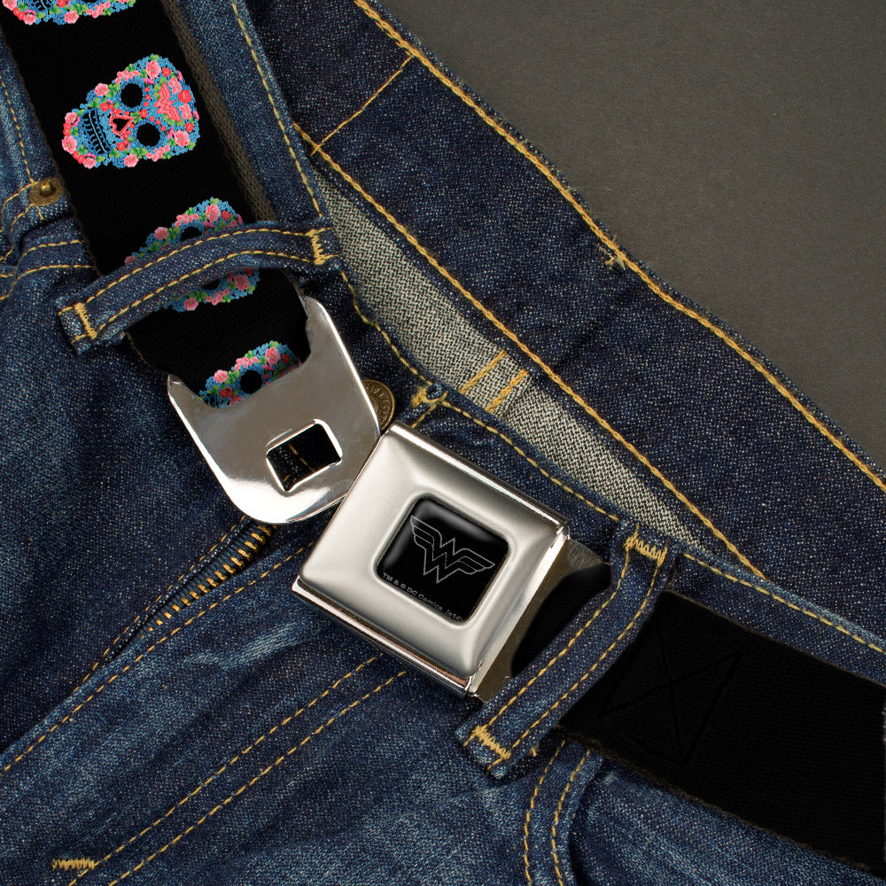 Wonder Woman Black Silver Seatbelt Belt - Wonder Woman Floral Skull Black/Multi Pastel Webbing Seatbelt Belts DC Comics