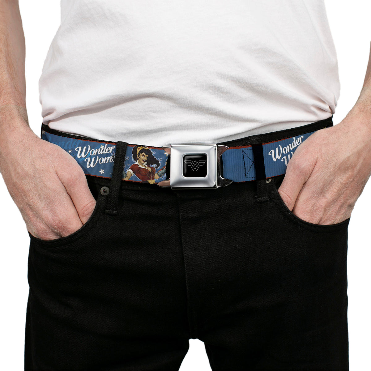 Wonder Woman Black Silver Seatbelt Belt - WONDER WOMAN/Bombshell Pose Blue/Red/White Webbing Seatbelt Belts DC Comics