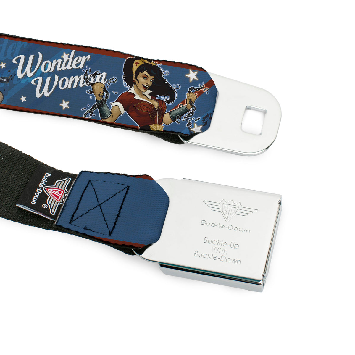 Wonder Woman Black Silver Seatbelt Belt - WONDER WOMAN/Bombshell Pose Blue/Red/White Webbing Seatbelt Belts DC Comics