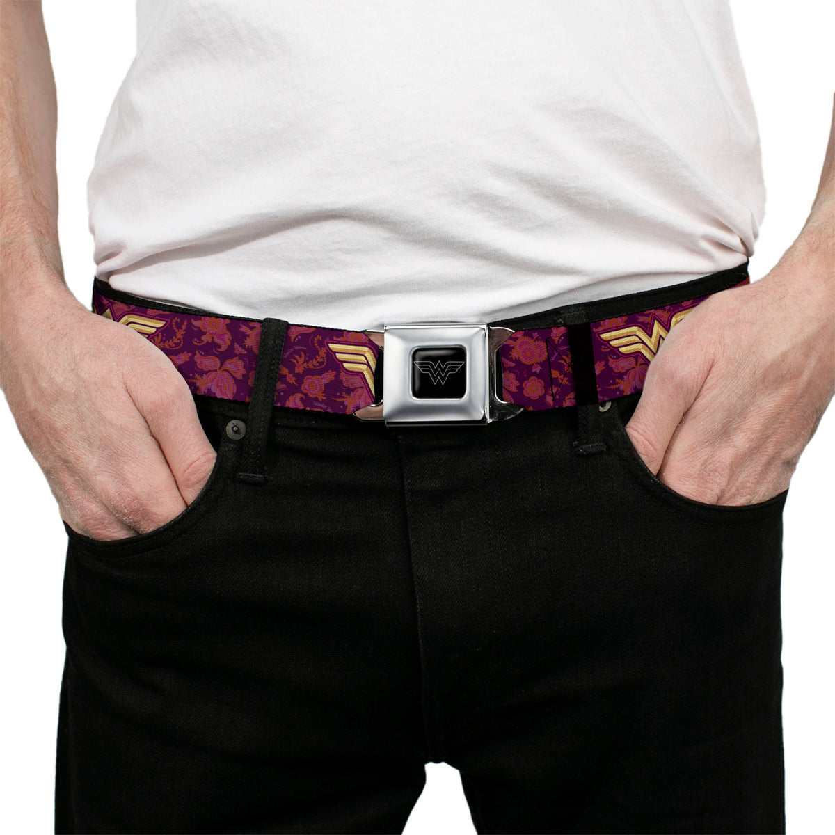Wonder Woman Black Silver Seatbelt Belt - Wonder Woman Logo/Floral Collage Purple/Pinks/Gold Webbing Seatbelt Belts DC Comics