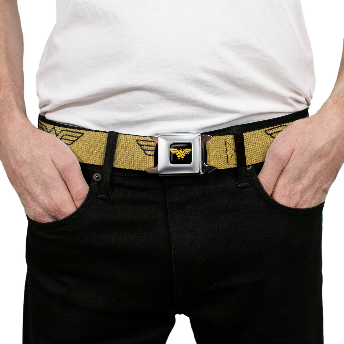 Wonder Woman Logo Reverse Brushed Black Gold Seatbelt Belt - Wonder Woman Logo Metallic Gold/Black Webbing Seatbelt Belts DC Comics