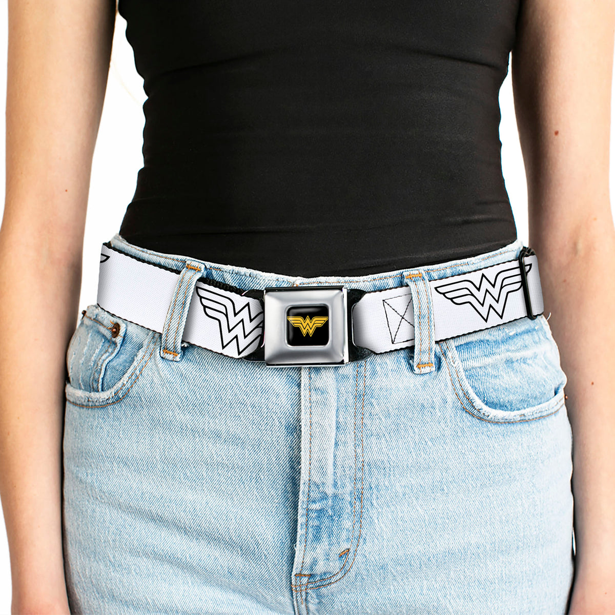 Wonder Woman Logo Reverse Brushed Black Gold Seatbelt Belt - Wonder Woman Logo Metallic Gold/Black Webbing Seatbelt Belts DC Comics