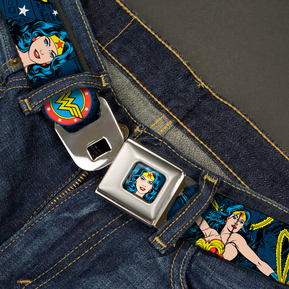Wonder Woman Face Comic Full Color Blues Seatbelt Belt - Wonder Woman Face/Poses/Logos/Comic Scenes Blues/Yellow Webbing Seatbelt Belts DC Comics
