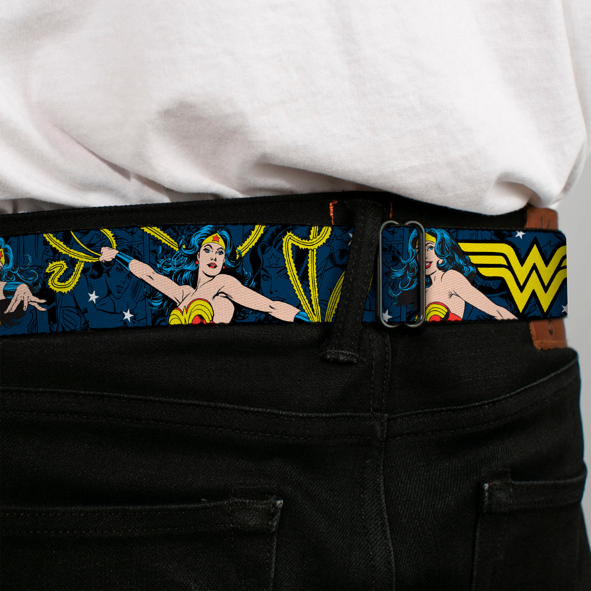 Wonder Woman Face Comic Full Color Blues Seatbelt Belt - Wonder Woman Face/Poses/Logos/Comic Scenes Blues/Yellow Webbing Seatbelt Belts DC Comics