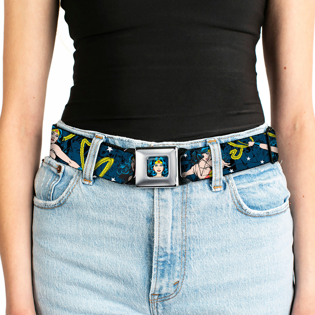 Wonder Woman Face Comic Full Color Blues Seatbelt Belt - Wonder Woman Face/Poses/Logos/Comic Scenes Blues/Yellow Webbing Seatbelt Belts DC Comics
