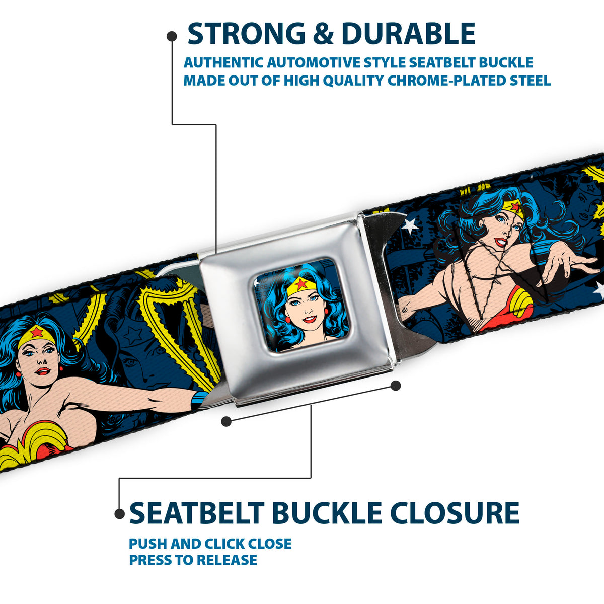 Wonder Woman Face Comic Full Color Blues Seatbelt Belt - Wonder Woman Face/Poses/Logos/Comic Scenes Blues/Yellow Webbing Seatbelt Belts DC Comics