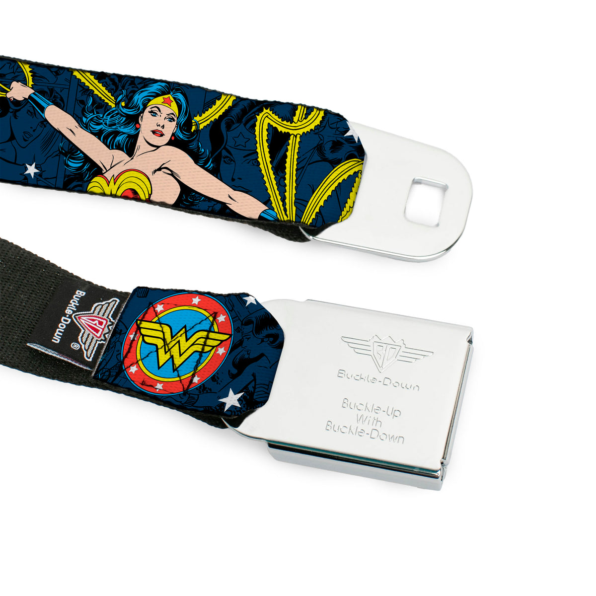 Wonder Woman Face Comic Full Color Blues Seatbelt Belt - Wonder Woman Face/Poses/Logos/Comic Scenes Blues/Yellow Webbing Seatbelt Belts DC Comics