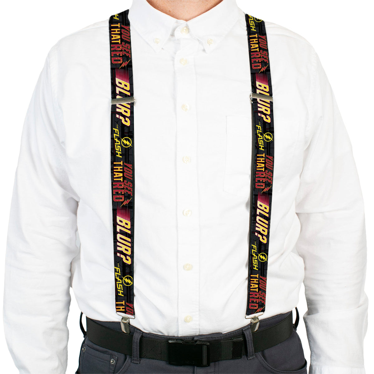 Suspenders - THE FLASH Logo YOU SEE THAT RED BLUR? Grays/Yellows/Reds Suspenders DC Comics