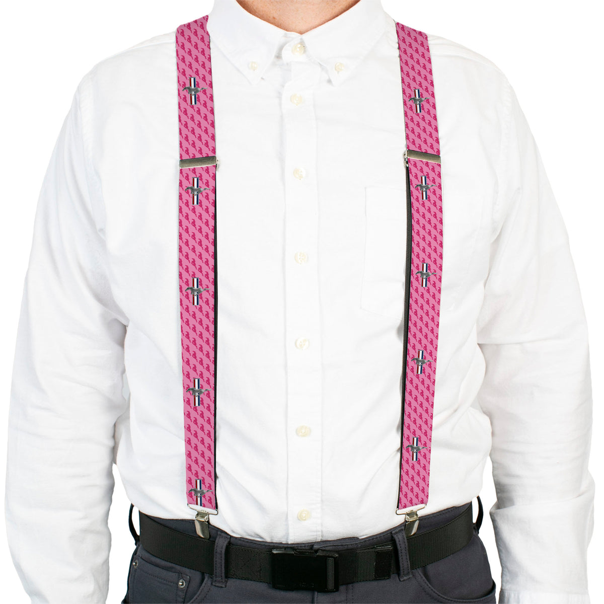 Suspenders - Ford Mustang w/Bars w/Text PINK LOGO REPEAT Suspenders Ford