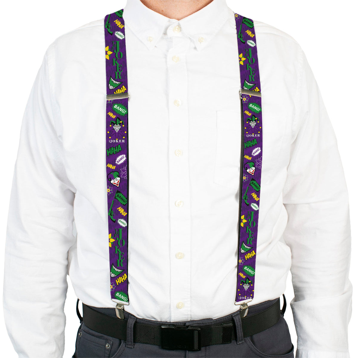 Suspenders - THE JOKER Elements Collage Purple/Green/Yellow/White Suspenders DC Comics