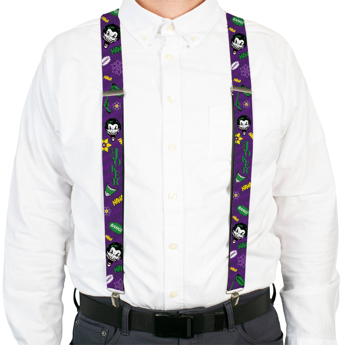 Suspenders - THE JOKER Face/Elements Collage Purple/Green/Yellow/White Suspenders DC Comics