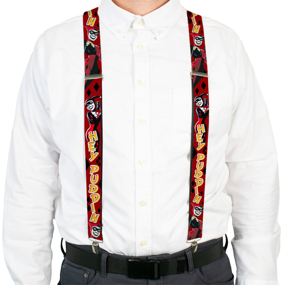 Suspenders - Harley Quinn 2-Poses/Diamonds HEY PUDDIN Red/Black/Orange Suspenders DC Comics