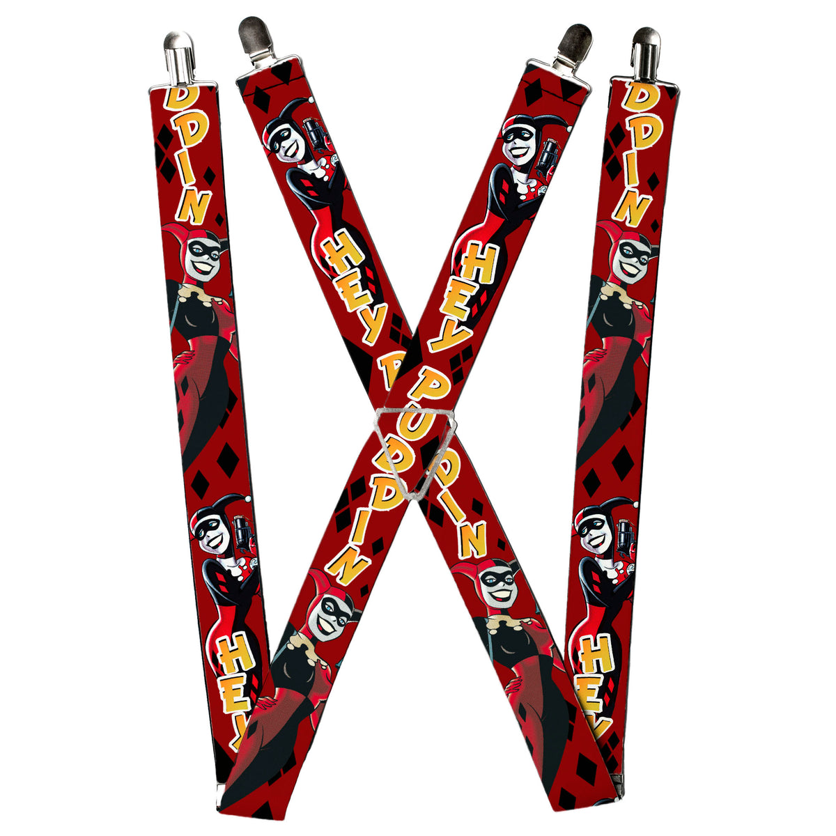 Suspenders - Harley Quinn 2-Poses/Diamonds HEY PUDDIN Red/Black/Orange Suspenders DC Comics