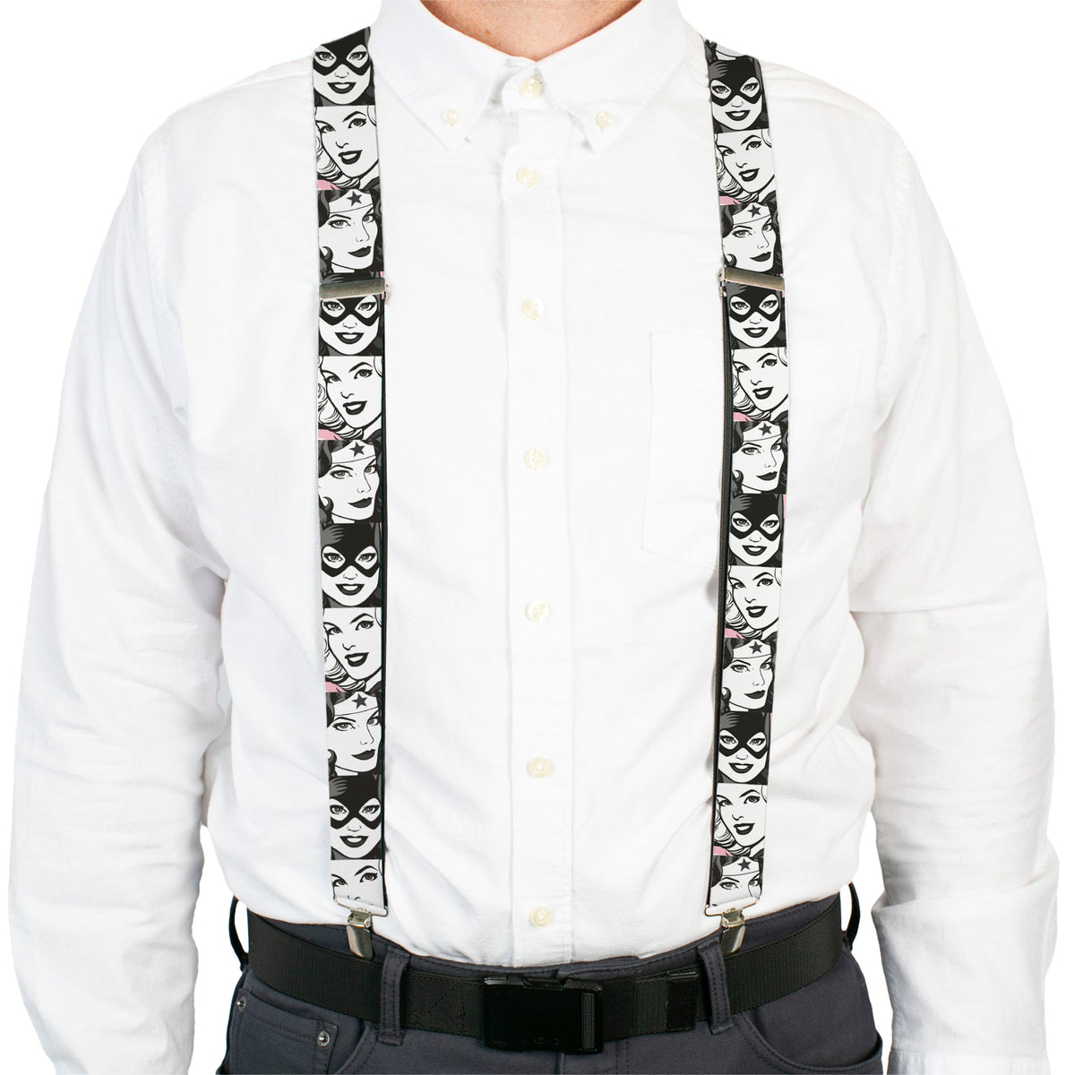 Suspenders - Batgirl/Supergirl/Wonder Woman Retro Panels Black/Pink/White Suspenders DC Comics