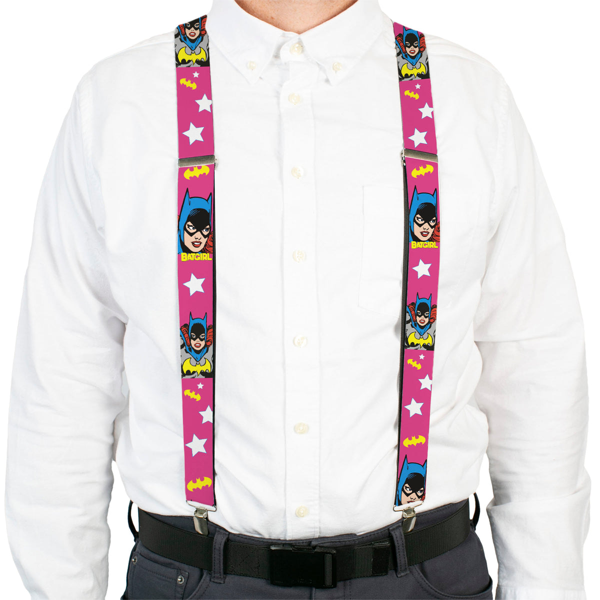 Suspenders - BATGIRL Face/Pose w/Logo & Stars Pink/White/Yellow Suspenders DC Comics
