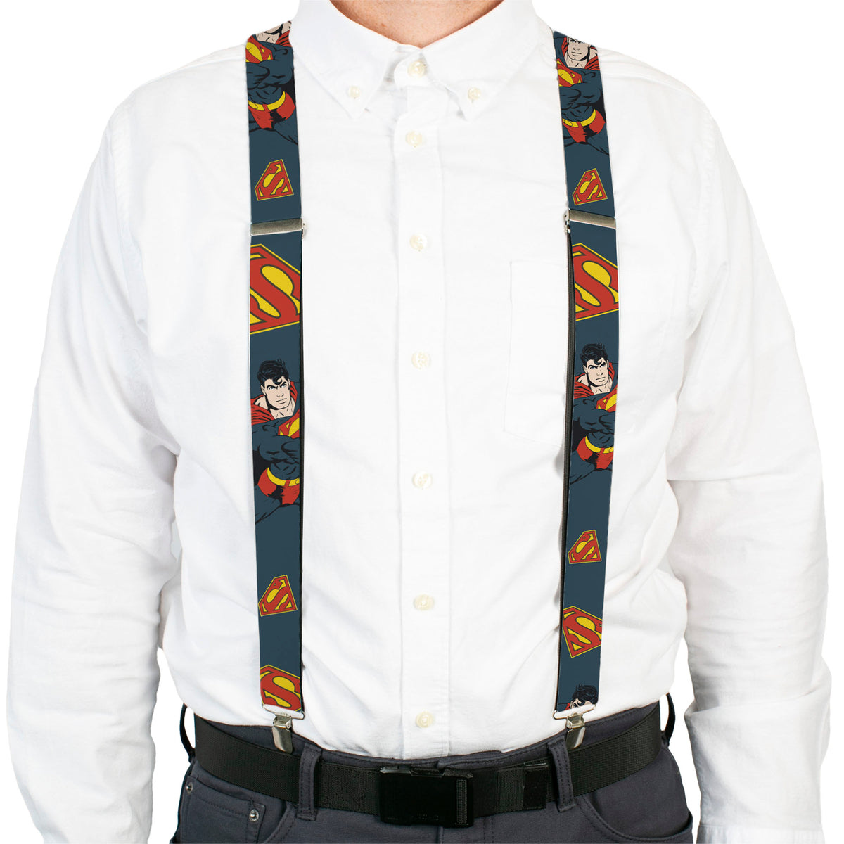 Suspenders - Superman Action Pose/Scattered Shield Navy/Gold/Red Suspenders DC Comics