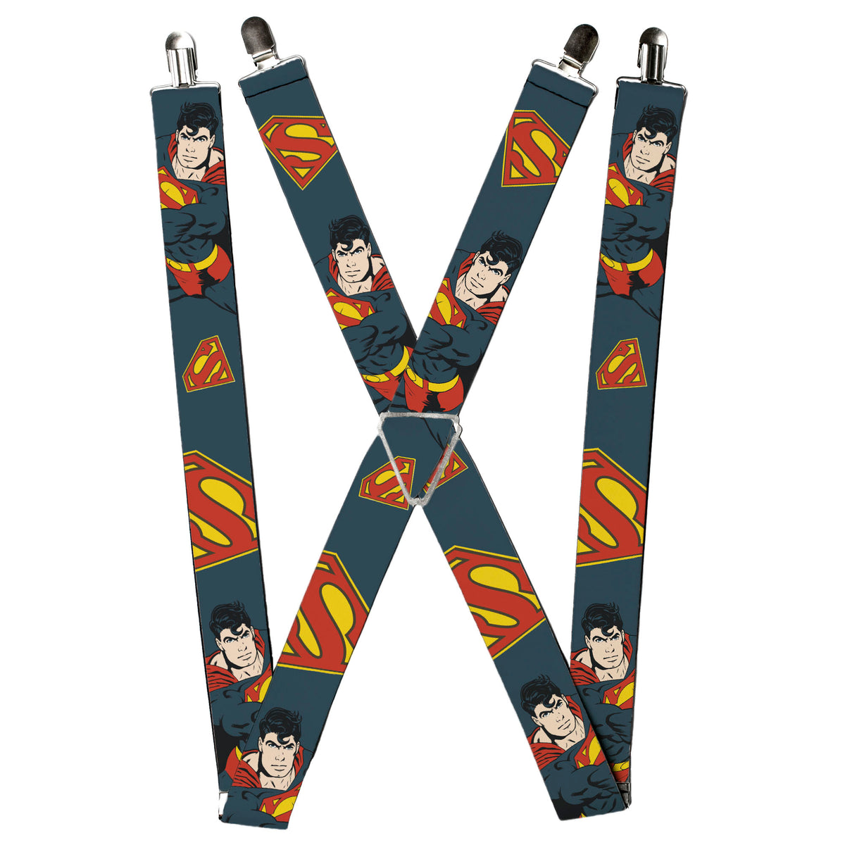 Suspenders - Superman Action Pose/Scattered Shield Navy/Gold/Red Suspenders DC Comics