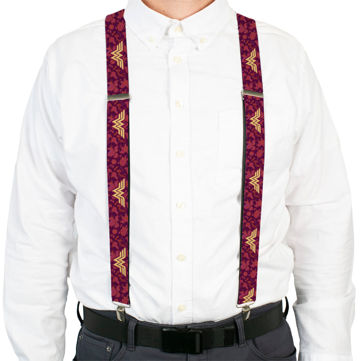 Suspenders - Wonder Woman Logo/Floral Collage Purple/Pinks/Gold Suspenders DC Comics