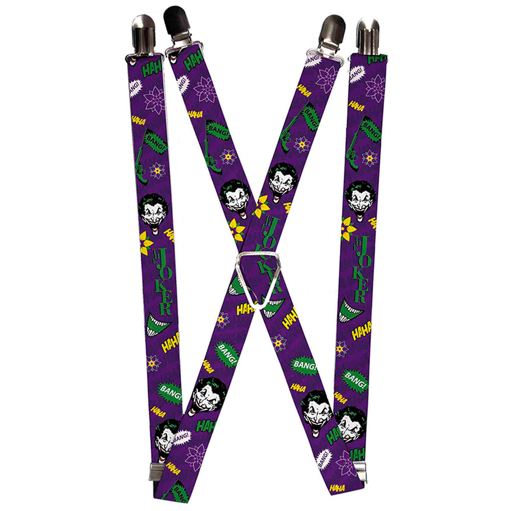 Suspenders - THE JOKER Face/Elements Collage Purple/Green/Yellow/White Suspenders DC Comics 1.0-Inch Wide Regular