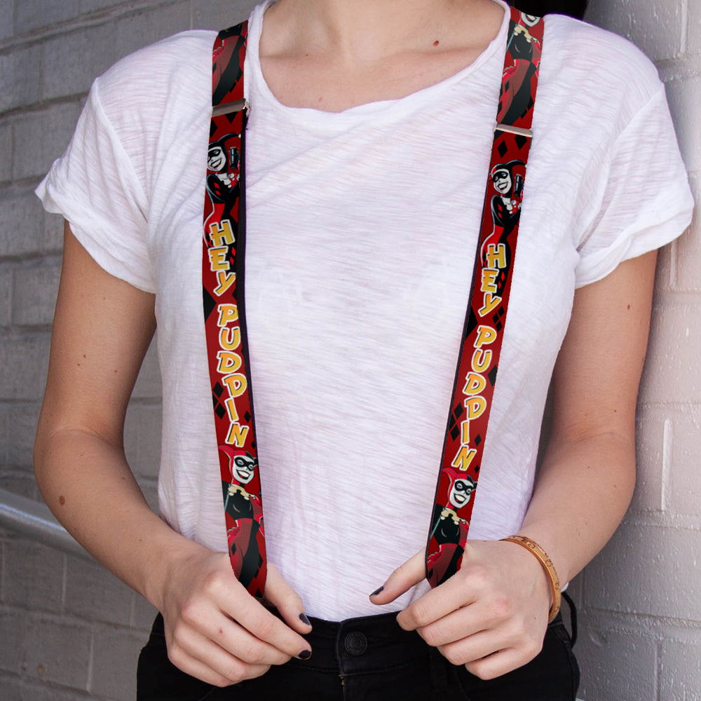 Suspenders - Harley Quinn 2-Poses/Diamonds HEY PUDDIN Red/Black/Orange Suspenders DC Comics