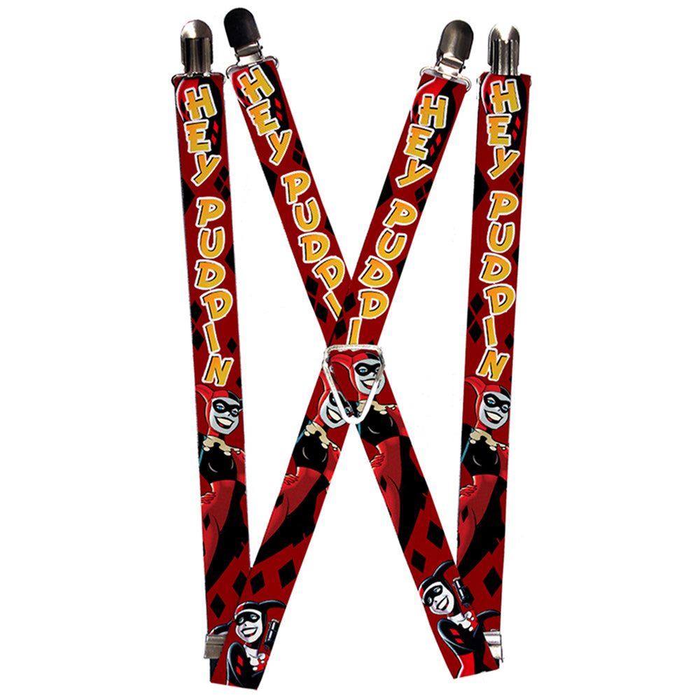 Suspenders - Harley Quinn 2-Poses/Diamonds HEY PUDDIN Red/Black/Orange Suspenders DC Comics 1.0-Inch Wide Regular