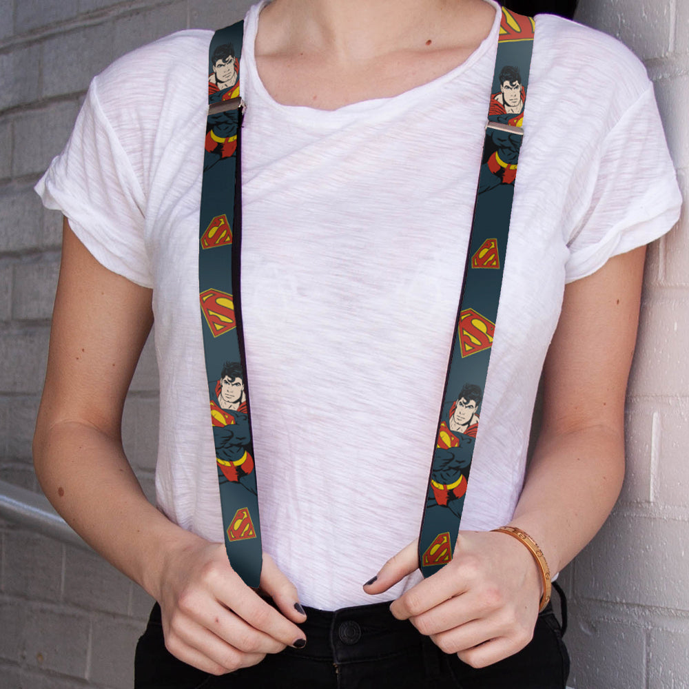 Suspenders - Superman Action Pose/Scattered Shield Navy/Gold/Red Suspenders DC Comics