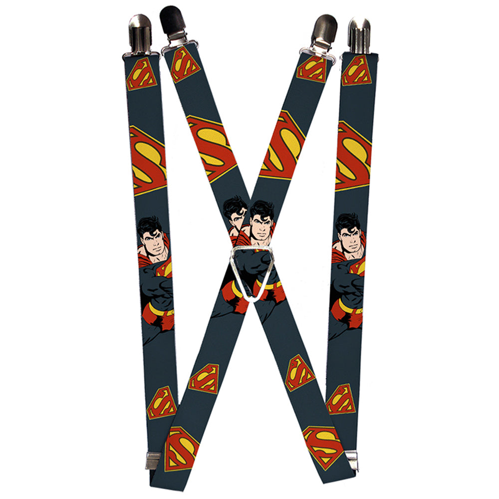 Suspenders - Superman Action Pose/Scattered Shield Navy/Gold/Red Suspenders DC Comics