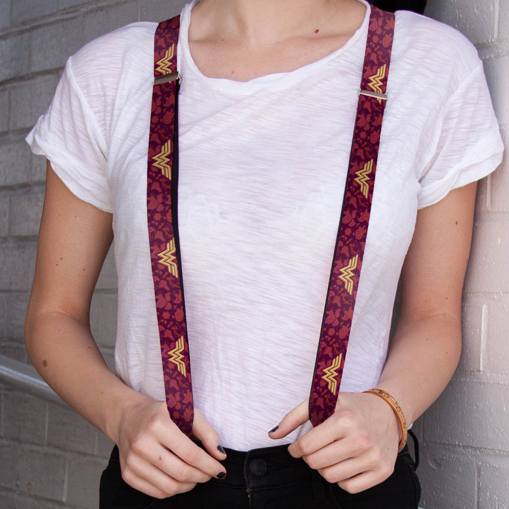 Suspenders - Wonder Woman Logo/Floral Collage Purple/Pinks/Gold Suspenders DC Comics