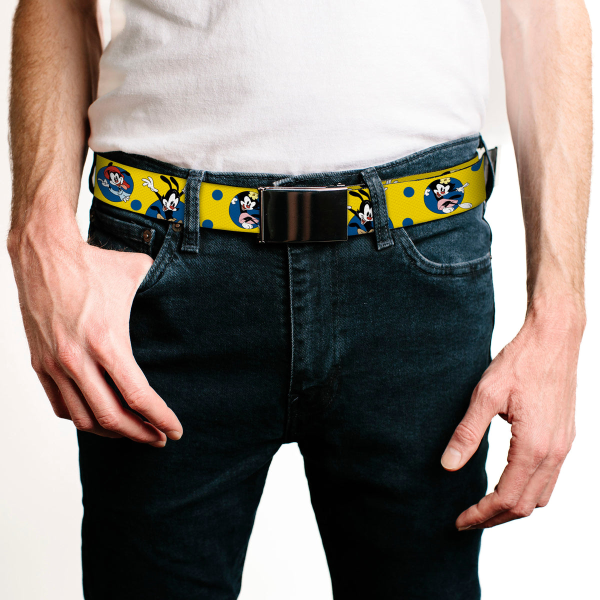 Black Buckle Web Belt - Animaniacs Yakko Wakko and Dot Poses Yellow/Blue Webbing Web Belts Animaniacs
