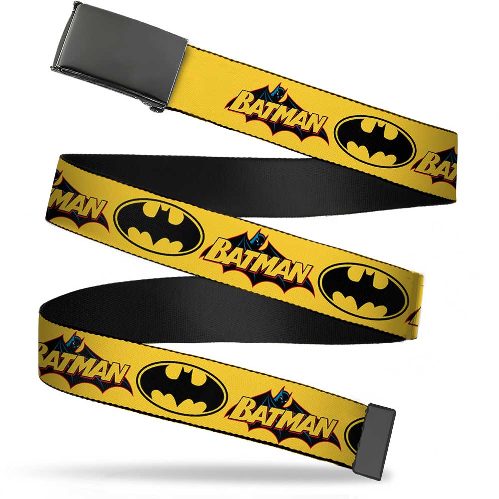 Web Belt Blank Black Buckle - Vintage Batman Logo & Bat Signal-3 Yellow Webbing Web Belts DC Comics