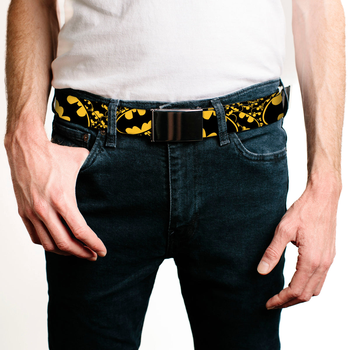 Black Buckle Web Belt - Bat Signals Stacked w/CLOSE-UP Yellow/Black Webbing Web Belts DC Comics