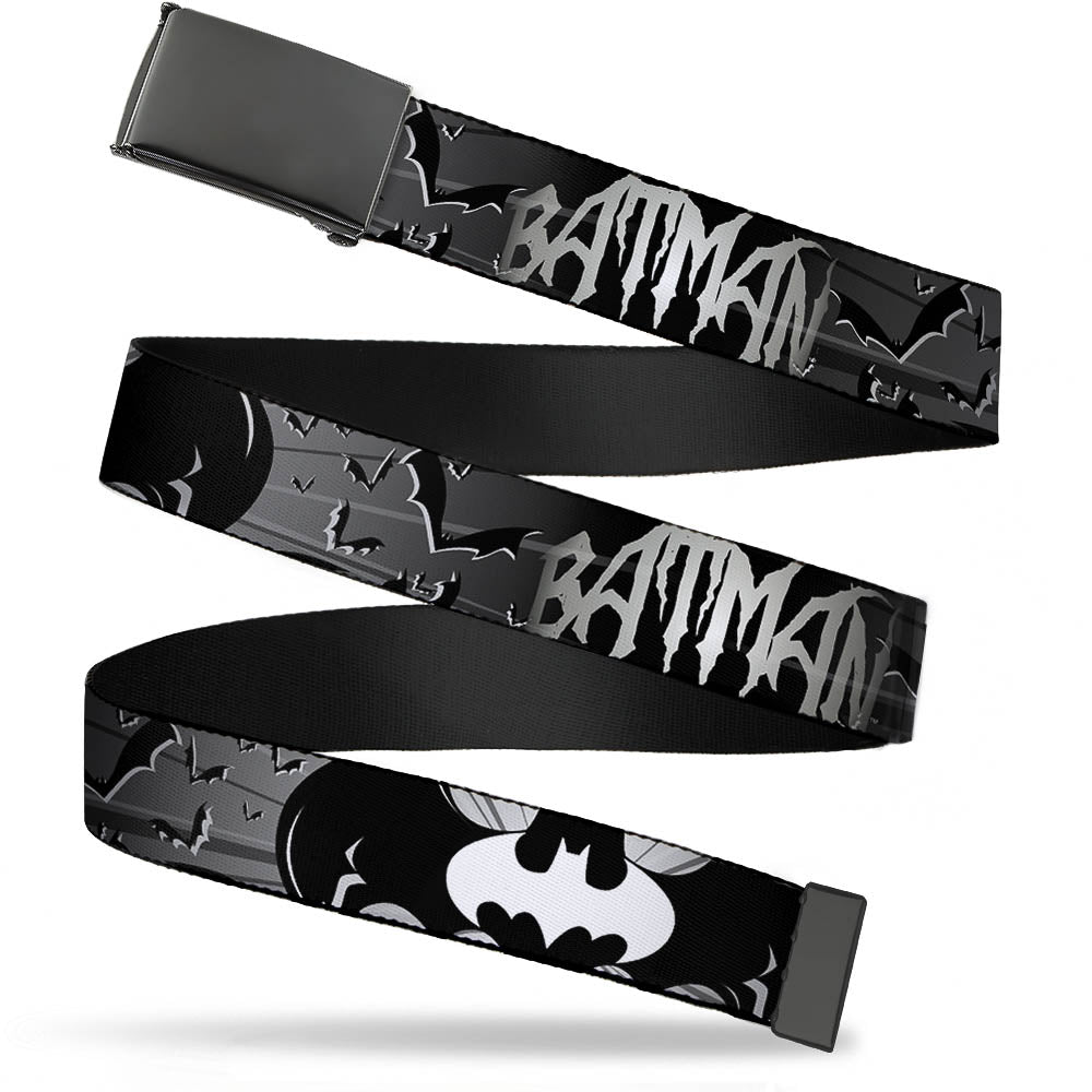 Black Buckle Web Belt - BATMAN w/Bat Signals & Flying Bats Black/White Webbing Web Belts DC Comics