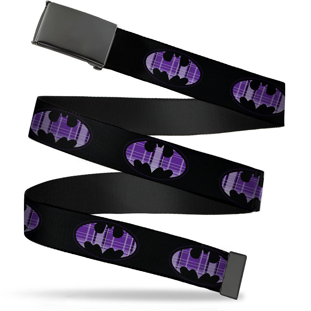 Black Buckle Web Belt - Batman Signal Black/Purple Plaid Webbing Web Belts DC Comics