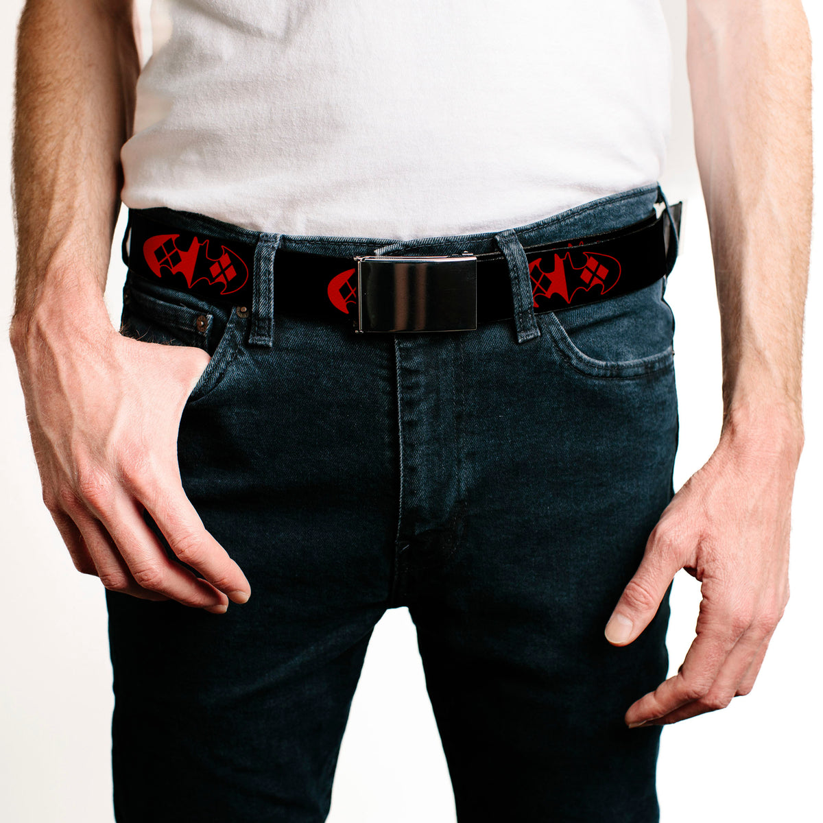 Black Buckle Web Belt - Bat Logo/Harley Quinn Diamonds Black/Red Webbing Web Belts DC Comics