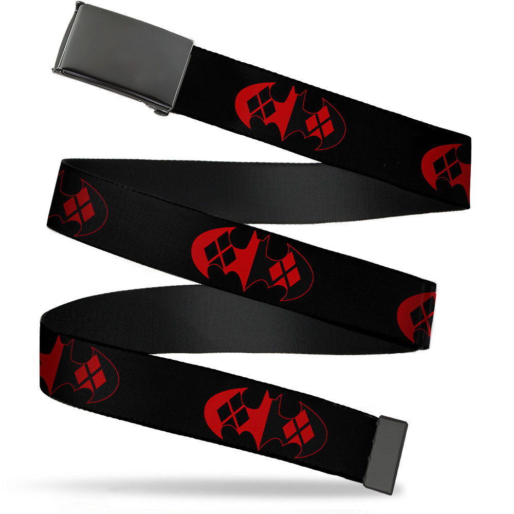 Black Buckle Web Belt - Bat Logo/Harley Quinn Diamonds Black/Red Webbing Web Belts DC Comics