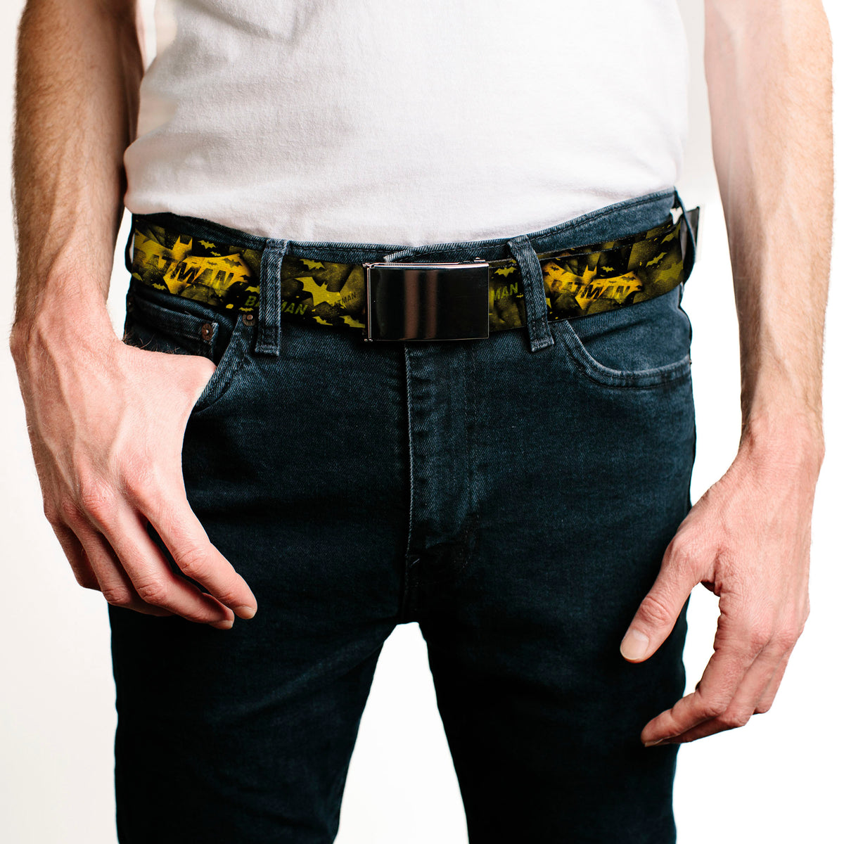 Black Buckle Web Belt - JUSTICE LEAGUE-BATMAN Bats Scattered Black/Yellows Webbing Web Belts DC Comics