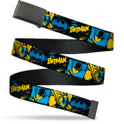 Web Belt Blank Black Buckle - BATMAN Poses and Logo Collage Black/Blue/Yellow Webbing Web Belts DC Comics