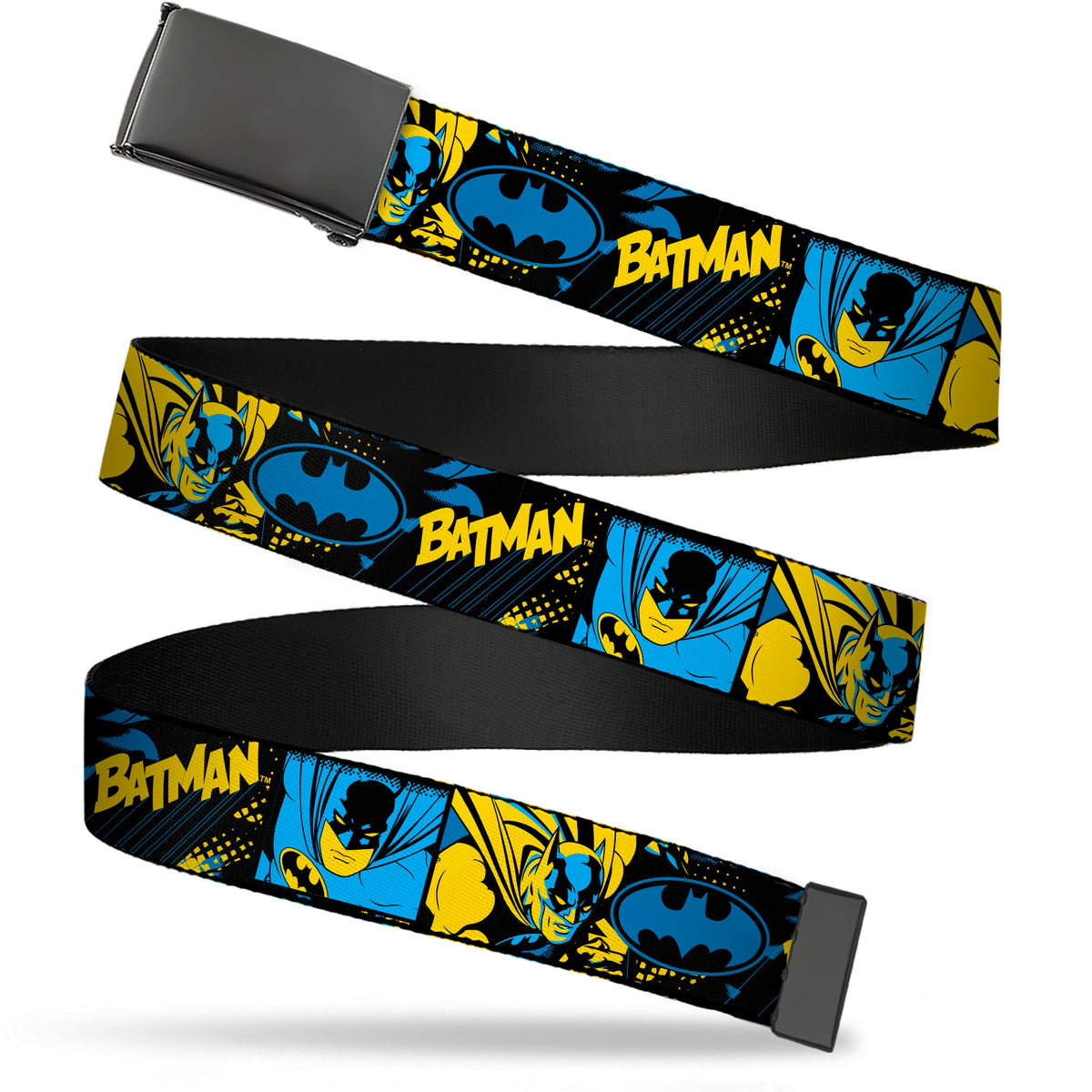 Web Belt Blank Black Buckle - BATMAN Poses and Logo Collage Black/Blue/Yellow Webbing Web Belts DC Comics
