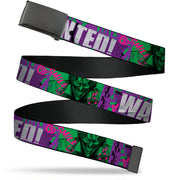 Web Belt Blank Black Buckle - THE JOKER WANTED Smiling Pose and Graffiti Purples/Greens Webbing Web Belts DC Comics