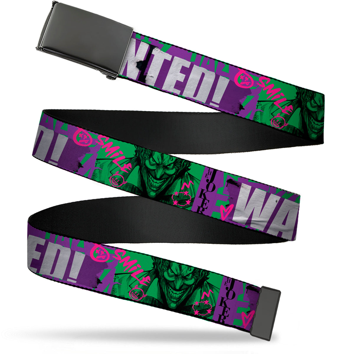 Web Belt Blank Black Buckle - THE JOKER WANTED Smiling Pose and Graffiti Purples/Greens Webbing Web Belts DC Comics